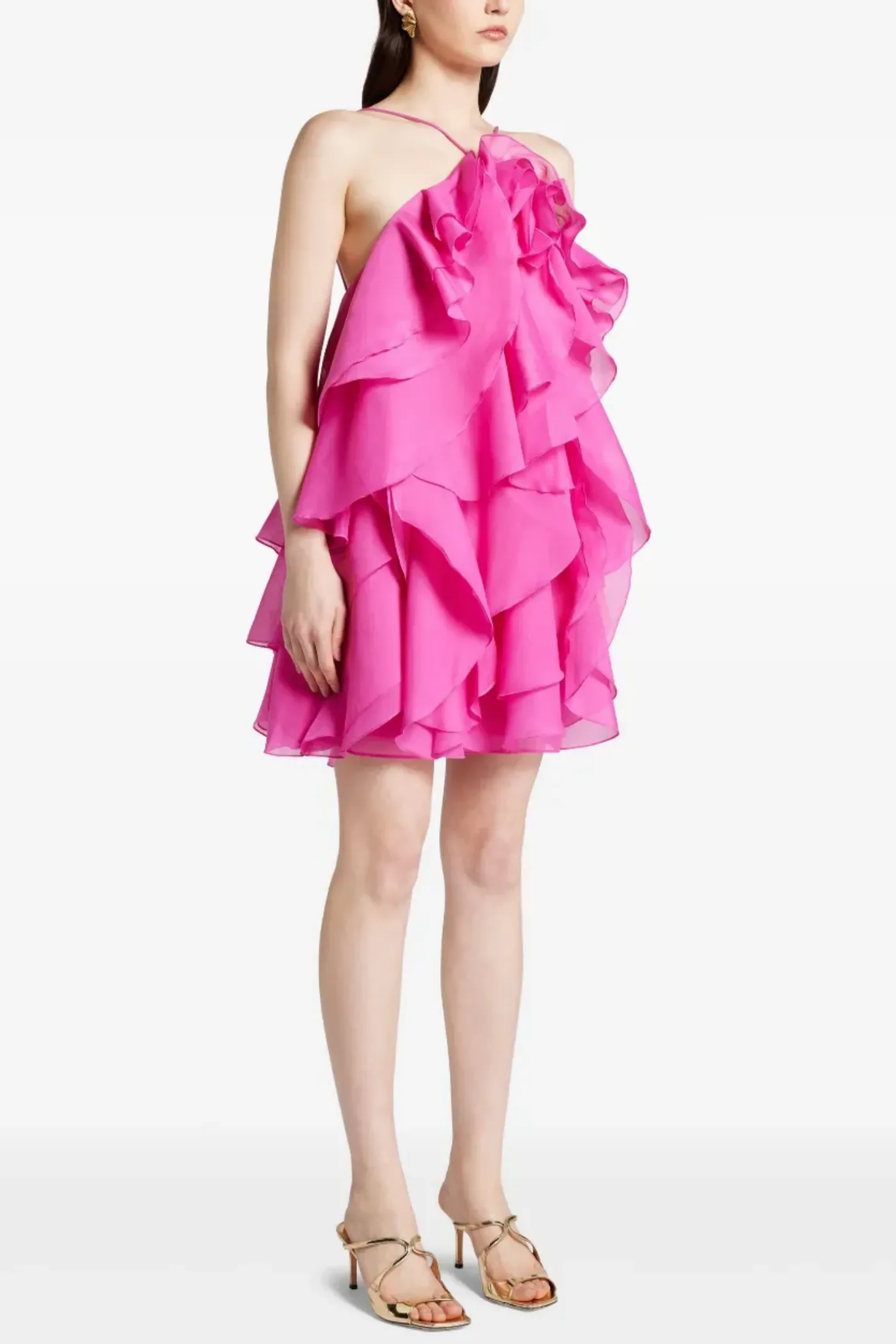 lorraine Halter Floral Ruffle Layered Mini Dress in Fuchsia Gloria Lanvin