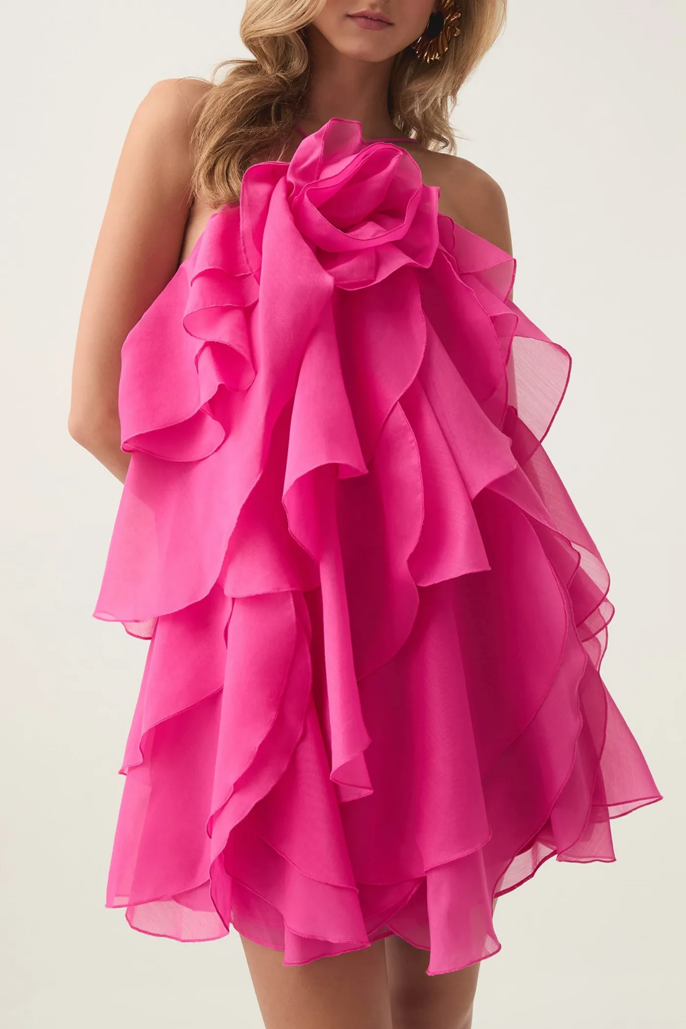 lorraine Halter Floral Ruffle Layered Mini Dress in Fuchsia Gloria Lanvin