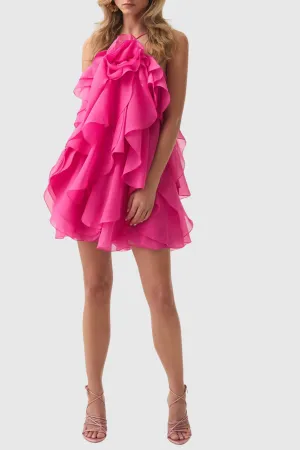 lorraine Halter Floral Ruffle Layered Mini Dress in Fuchsia Gloria Lanvin
