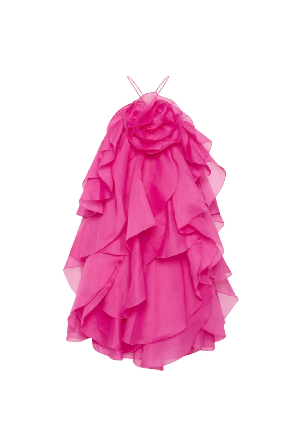 lorraine Halter Floral Ruffle Layered Mini Dress in Fuchsia Gloria Lanvin