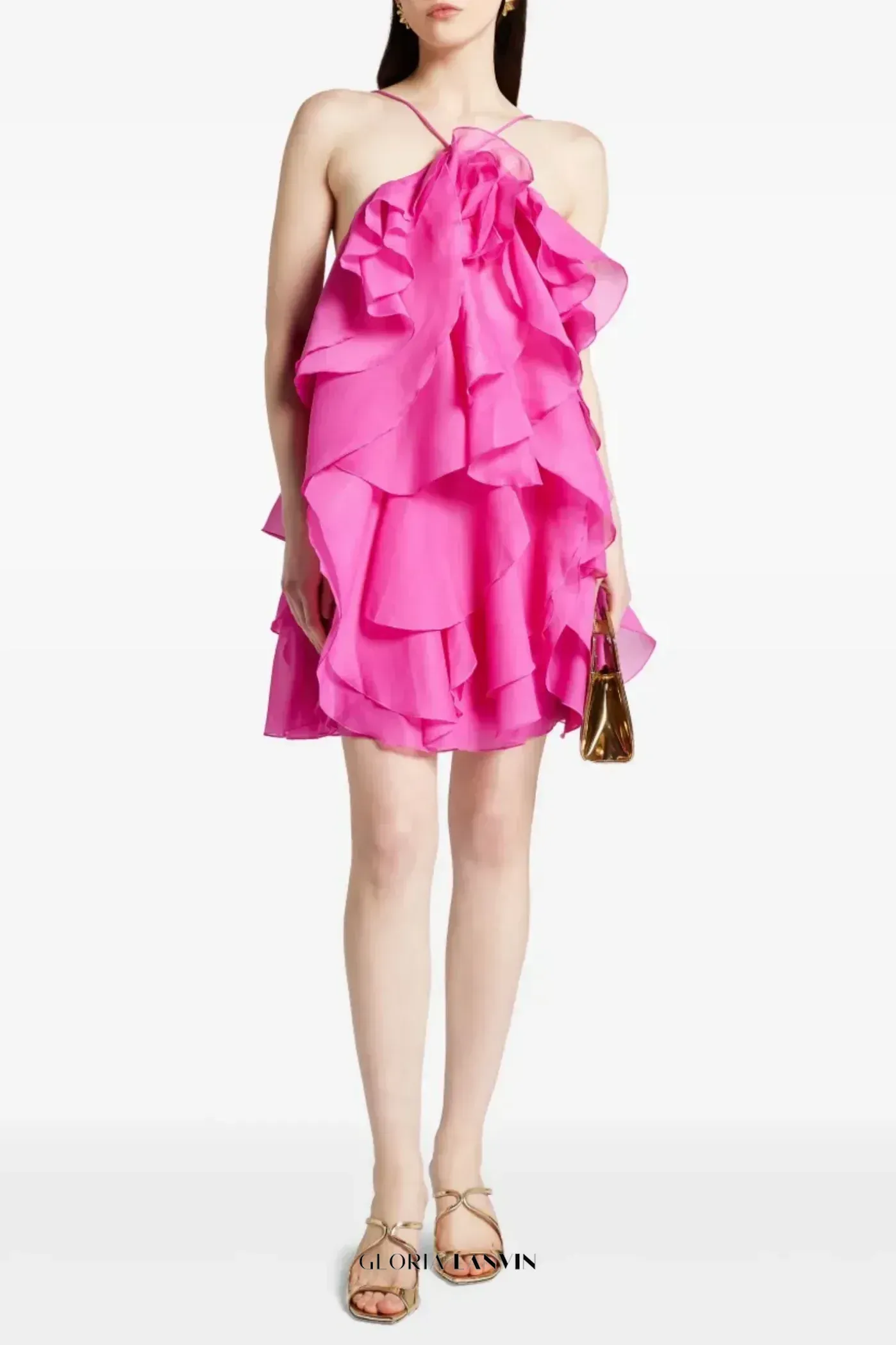 lorraine Halter Floral Ruffle Layered Mini Dress in Fuchsia Gloria Lanvin