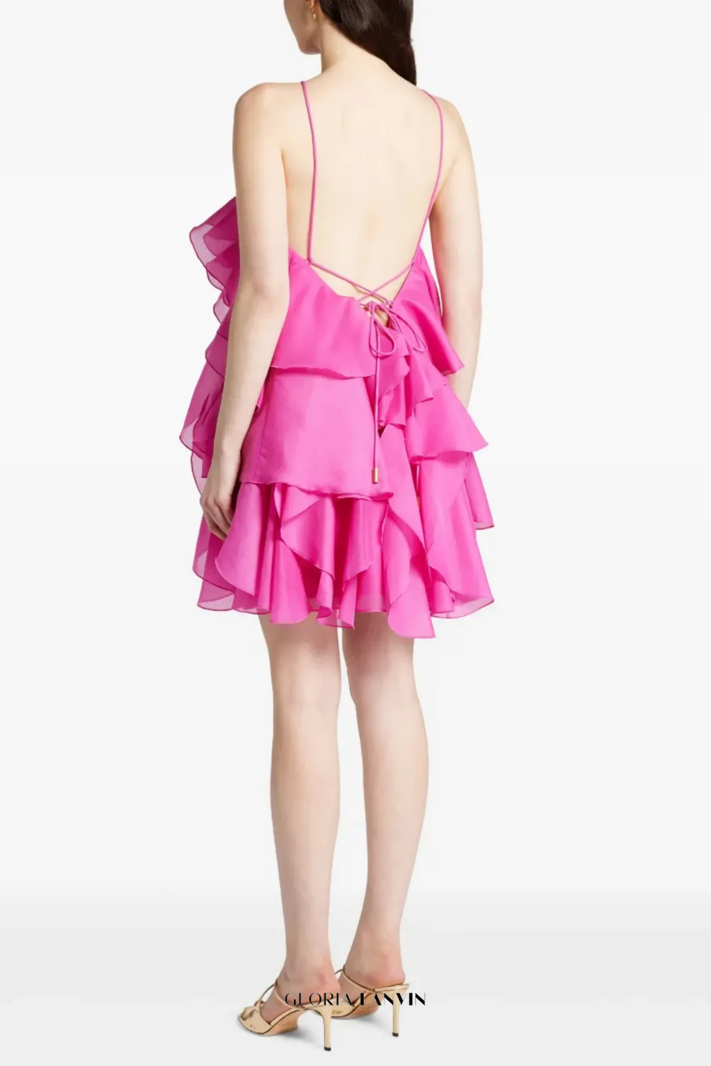 lorraine Halter Floral Ruffle Layered Mini Dress in Fuchsia Gloria Lanvin