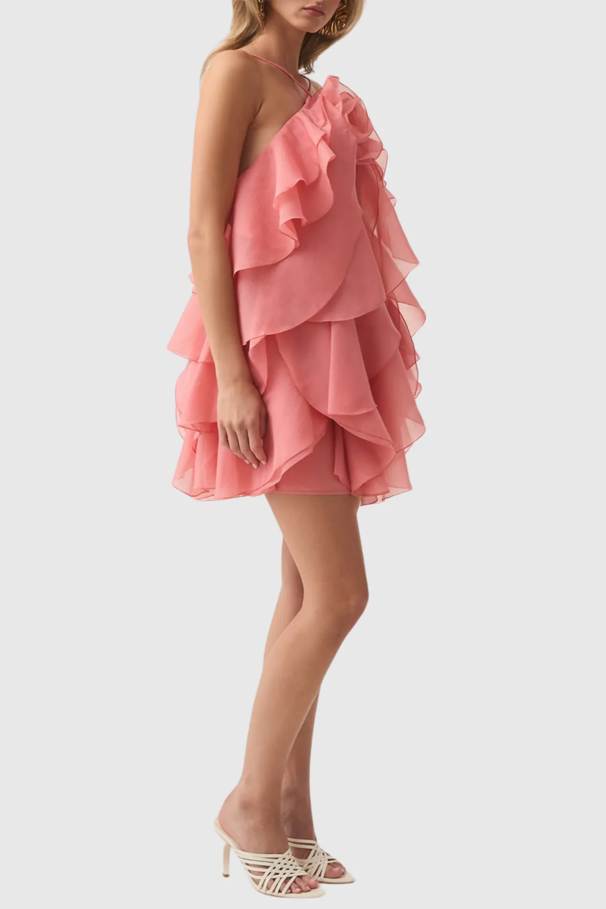 lorraine Halter Floral Ruffle Layered Mini Dress in Orange Gloria Lanvin