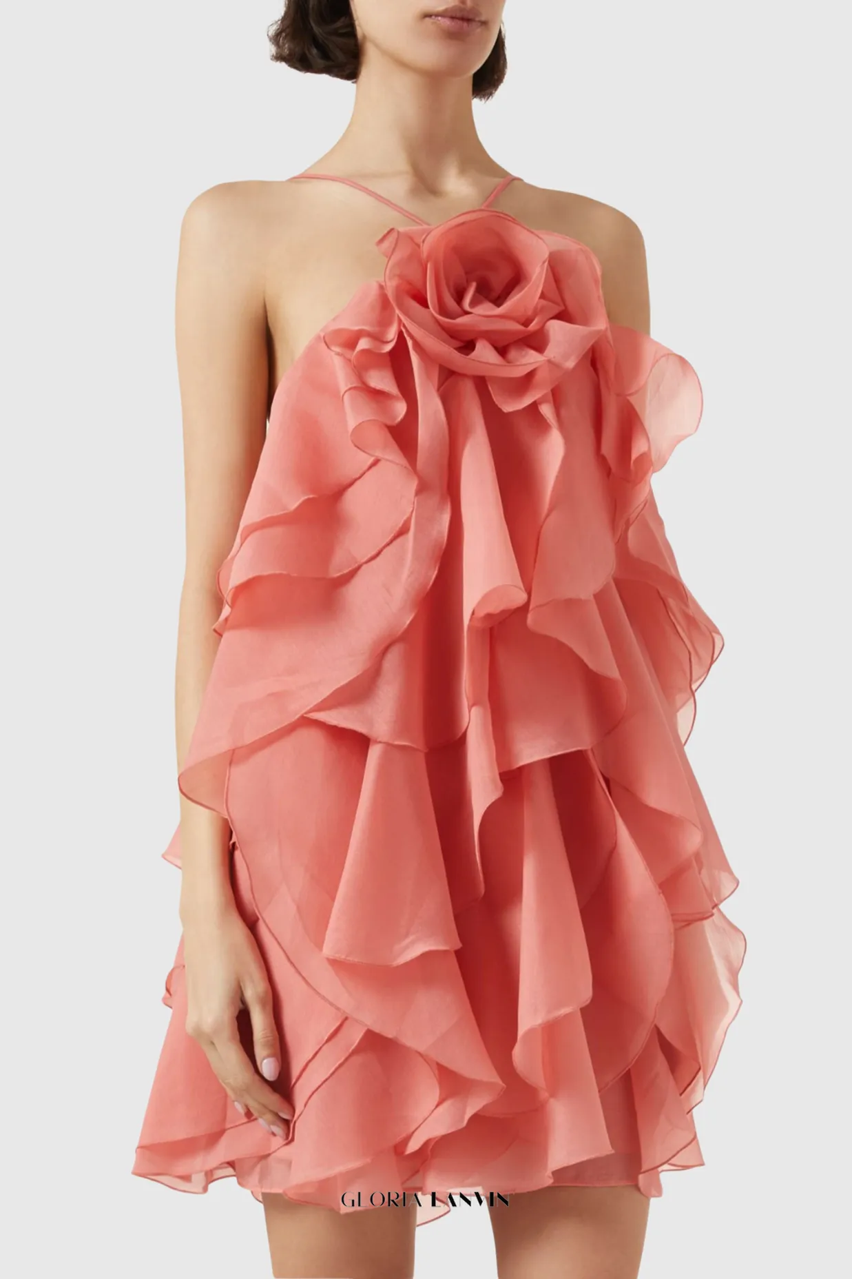 lorraine Halter Floral Ruffle Layered Mini Dress in Orange Gloria Lanvin