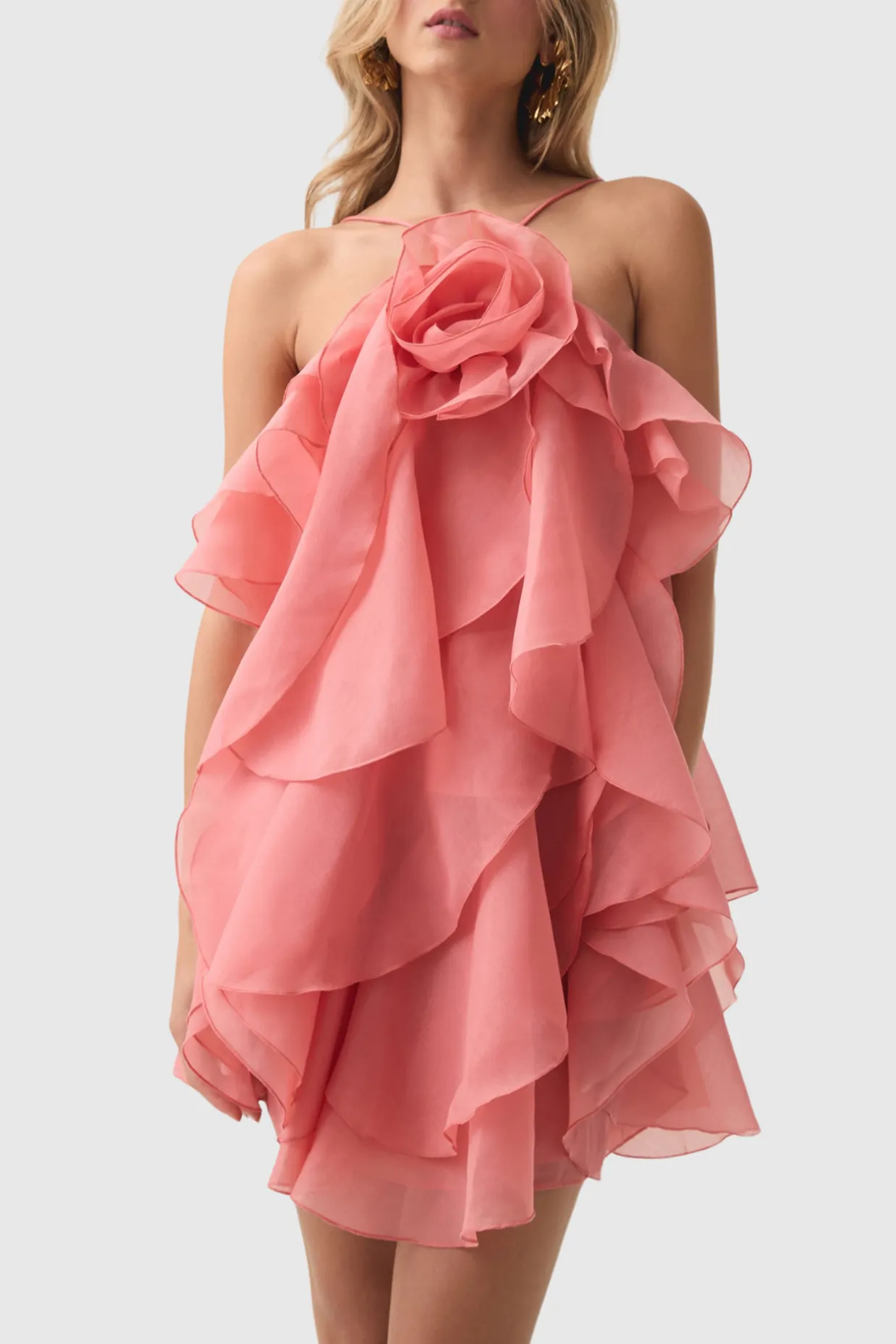 lorraine Halter Floral Ruffle Layered Mini Dress in Orange Gloria Lanvin