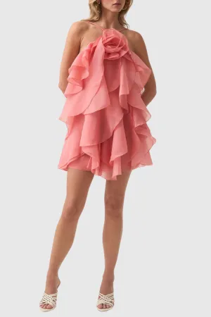 lorraine Halter Floral Ruffle Layered Mini Dress in Orange Gloria Lanvin
