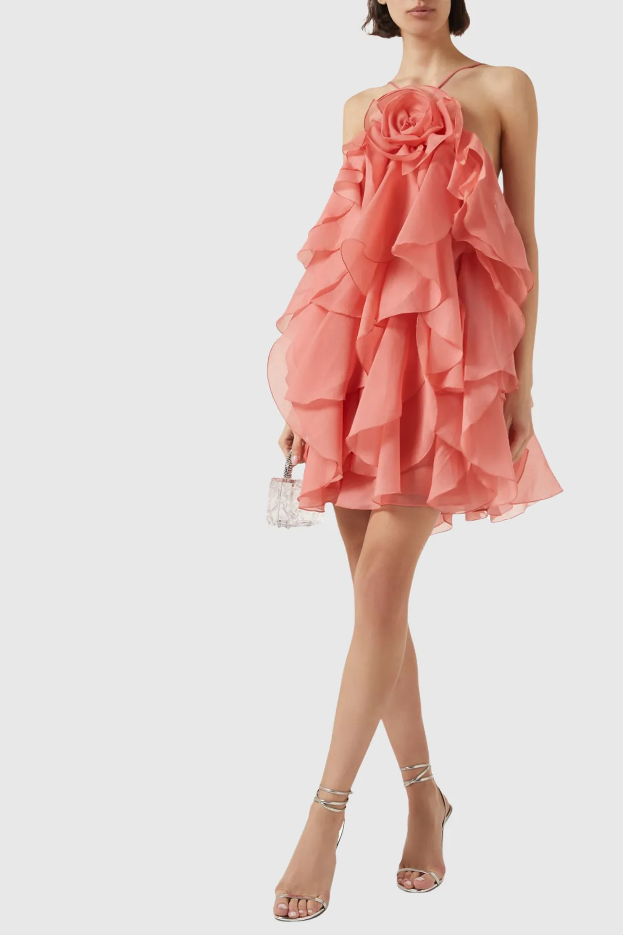 lorraine Halter Floral Ruffle Layered Mini Dress in Orange Gloria Lanvin