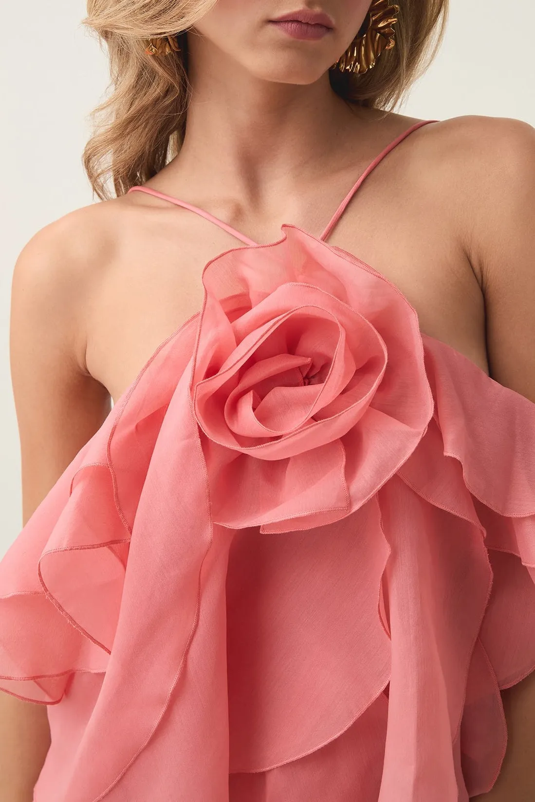 lorraine Halter Floral Ruffle Layered Mini Dress in Orange Gloria Lanvin