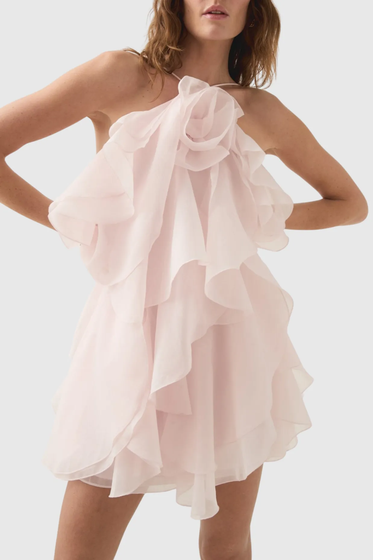 lorraine Halter Floral Ruffle Layered Mini Dress in Pink Gloria Lanvin