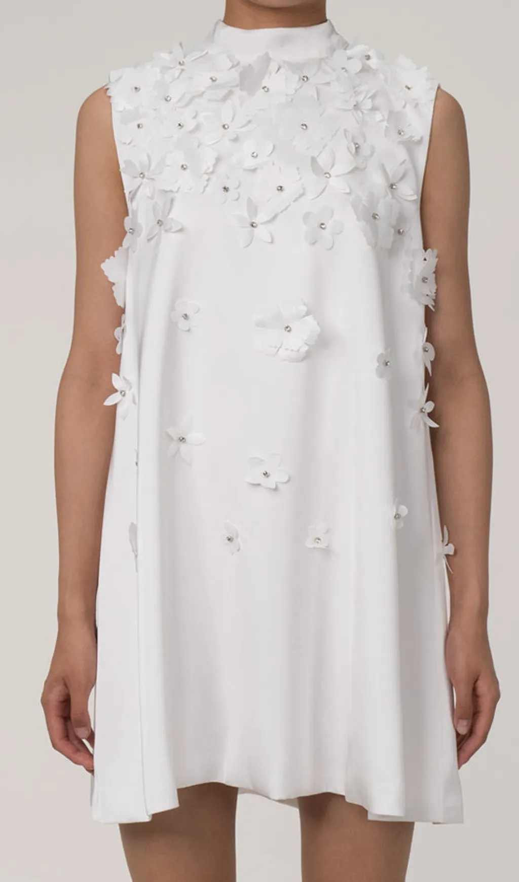 LYDIA FLOWER APPLIQUE MOCK NECK BOW TRIM MINI DRESS Gloria Lanvin