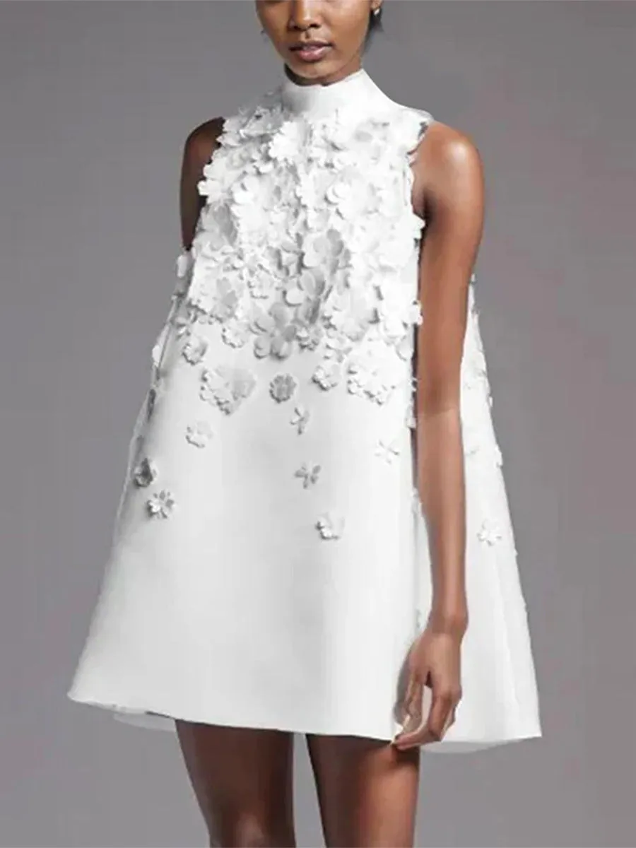 LYDIA FLOWER APPLIQUE MOCK NECK BOW TRIM MINI DRESS Gloria Lanvin