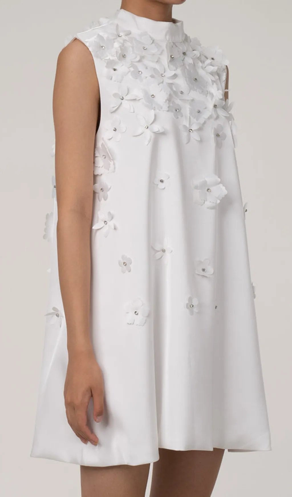LYDIA FLOWER APPLIQUE MOCK NECK BOW TRIM MINI DRESS Gloria Lanvin
