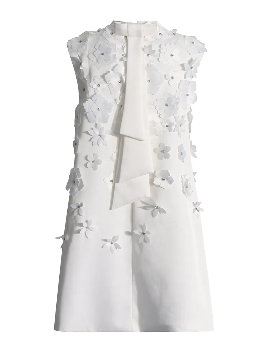 LYDIA FLOWER APPLIQUE MOCK NECK BOW TRIM MINI DRESS Gloria Lanvin