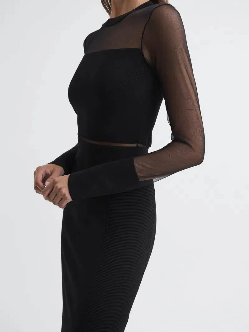 lyla knitted sheer sleeve midi dress in black Gloria Lanvin