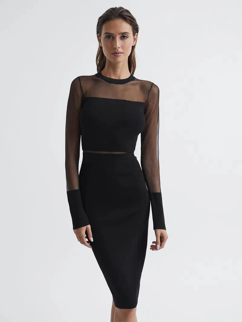 lyla knitted sheer sleeve midi dress in black Gloria Lanvin