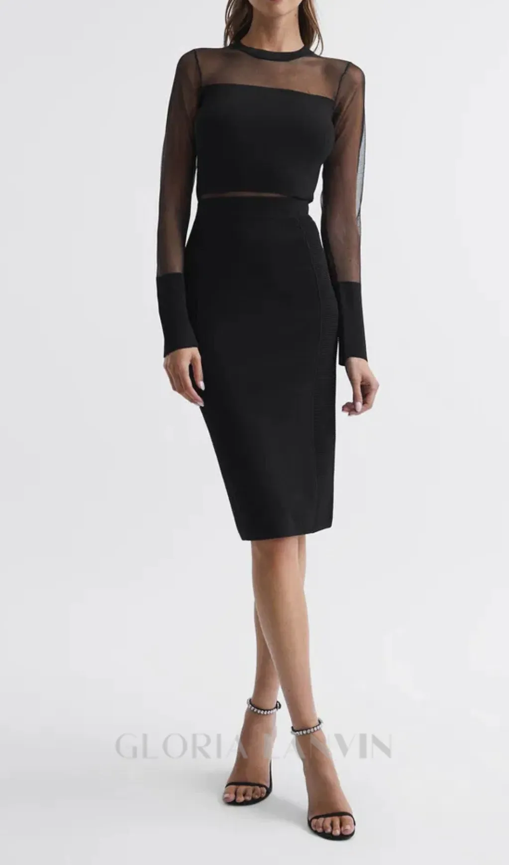 lyla knitted sheer sleeve midi dress in black Gloria Lanvin
