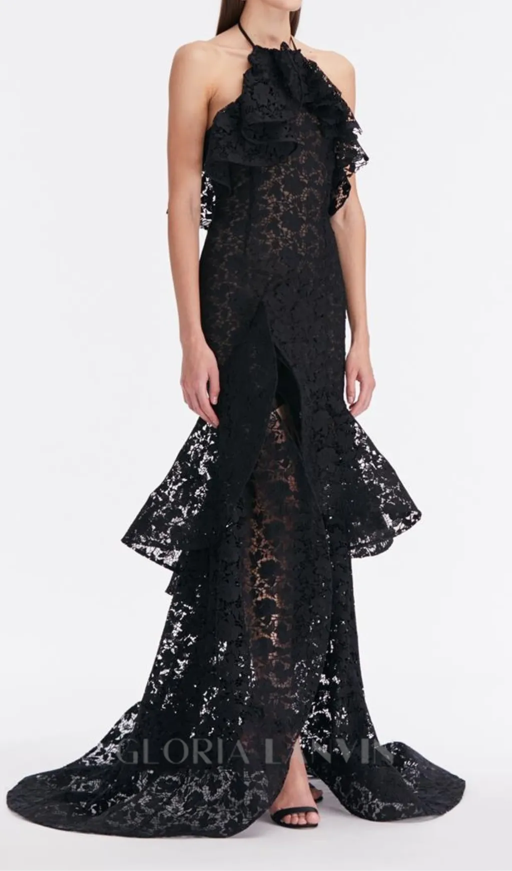 LYNN GARDENIA GUIPURE LACE RUFFLE GOWN IN BLACK Gloria Lanvin