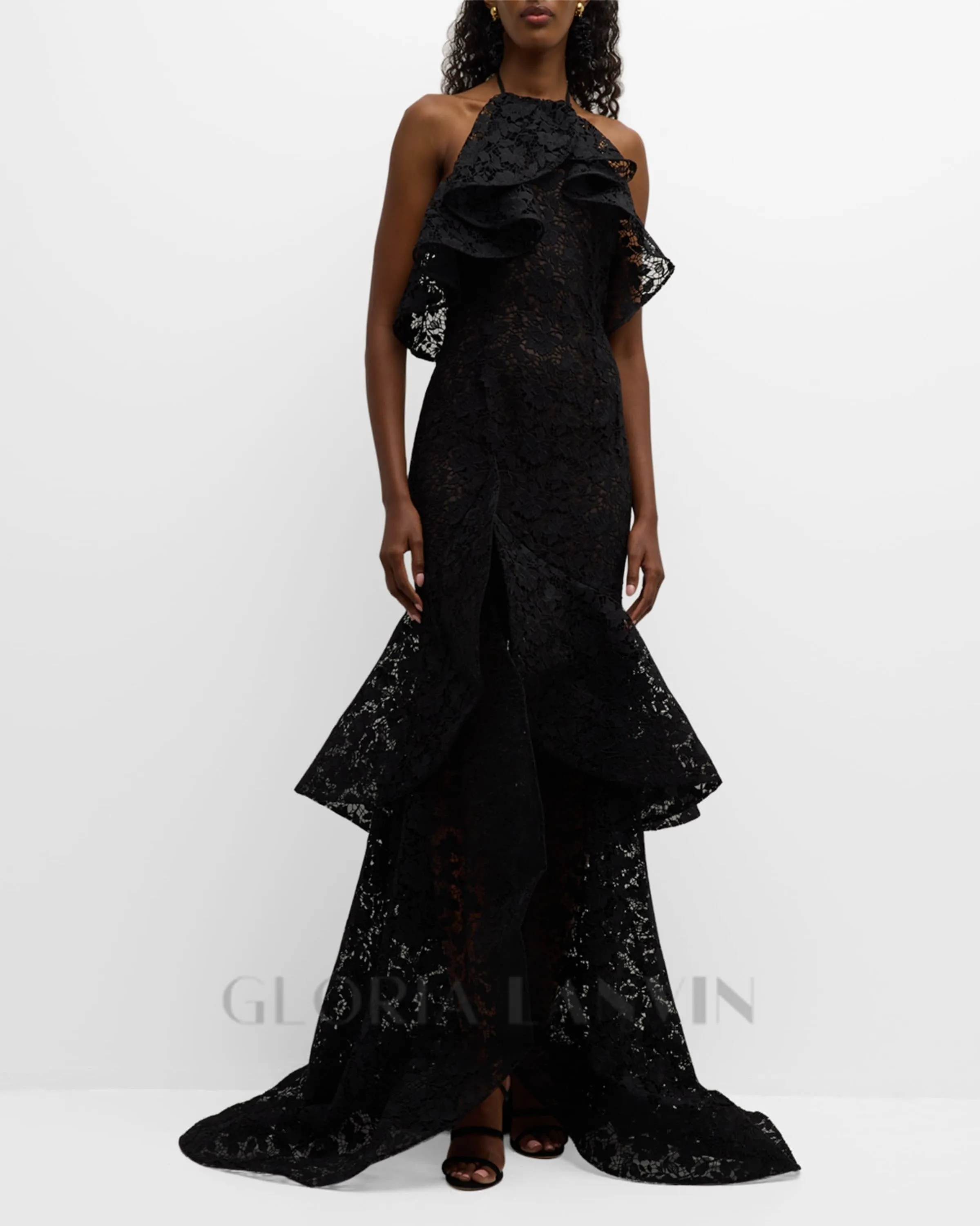 LYNN GARDENIA GUIPURE LACE RUFFLE GOWN IN BLACK Gloria Lanvin