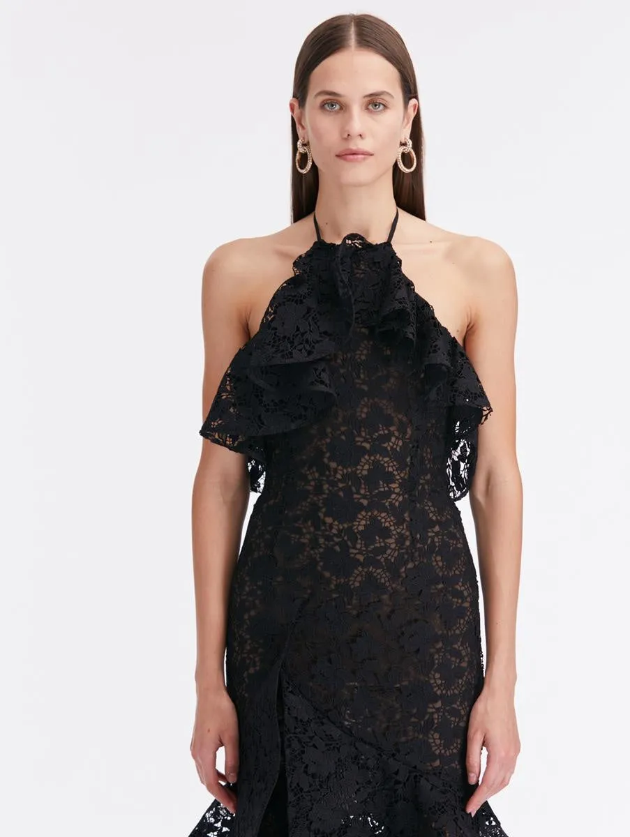 LYNN GARDENIA GUIPURE LACE RUFFLE GOWN IN BLACK Gloria Lanvin