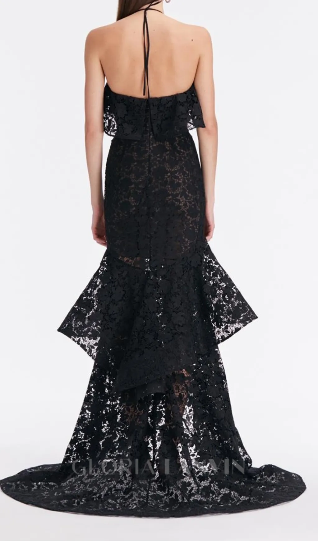 LYNN GARDENIA GUIPURE LACE RUFFLE GOWN IN BLACK Gloria Lanvin