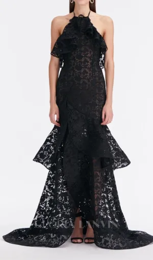 LYNN GARDENIA GUIPURE LACE RUFFLE GOWN IN BLACK Gloria Lanvin