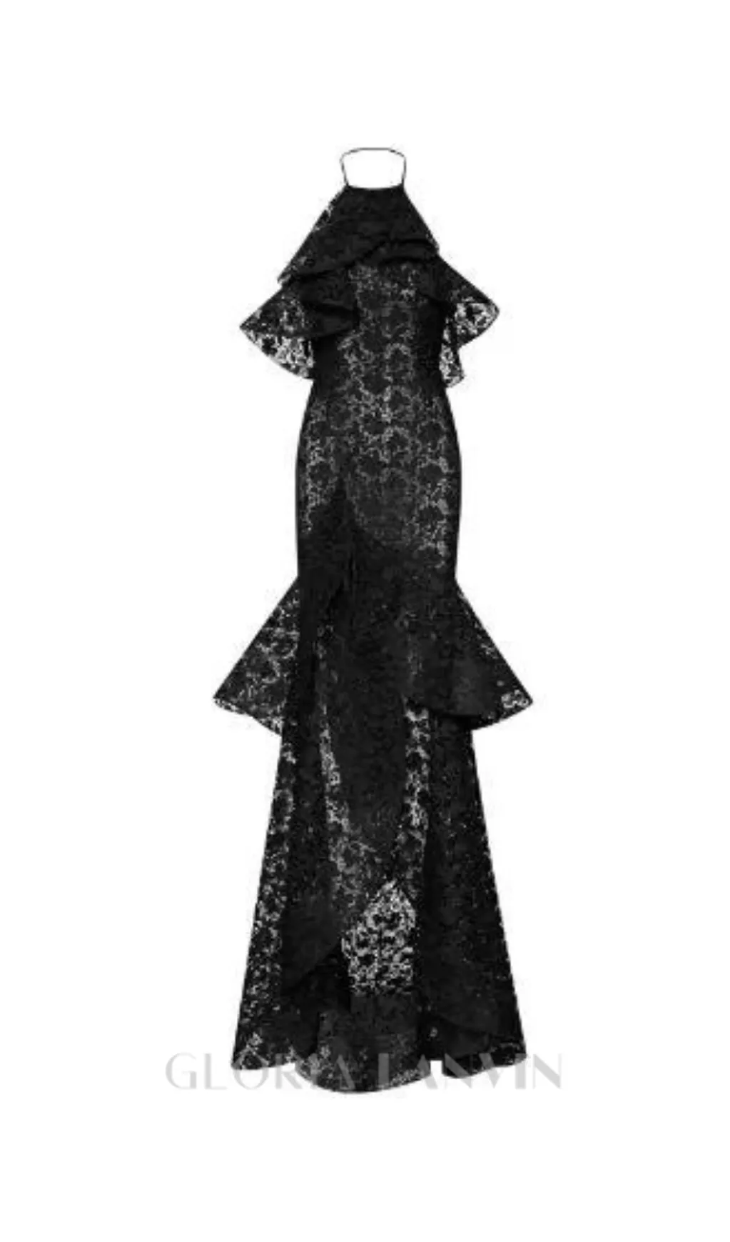 LYNN GARDENIA GUIPURE LACE RUFFLE GOWN IN BLACK Gloria Lanvin