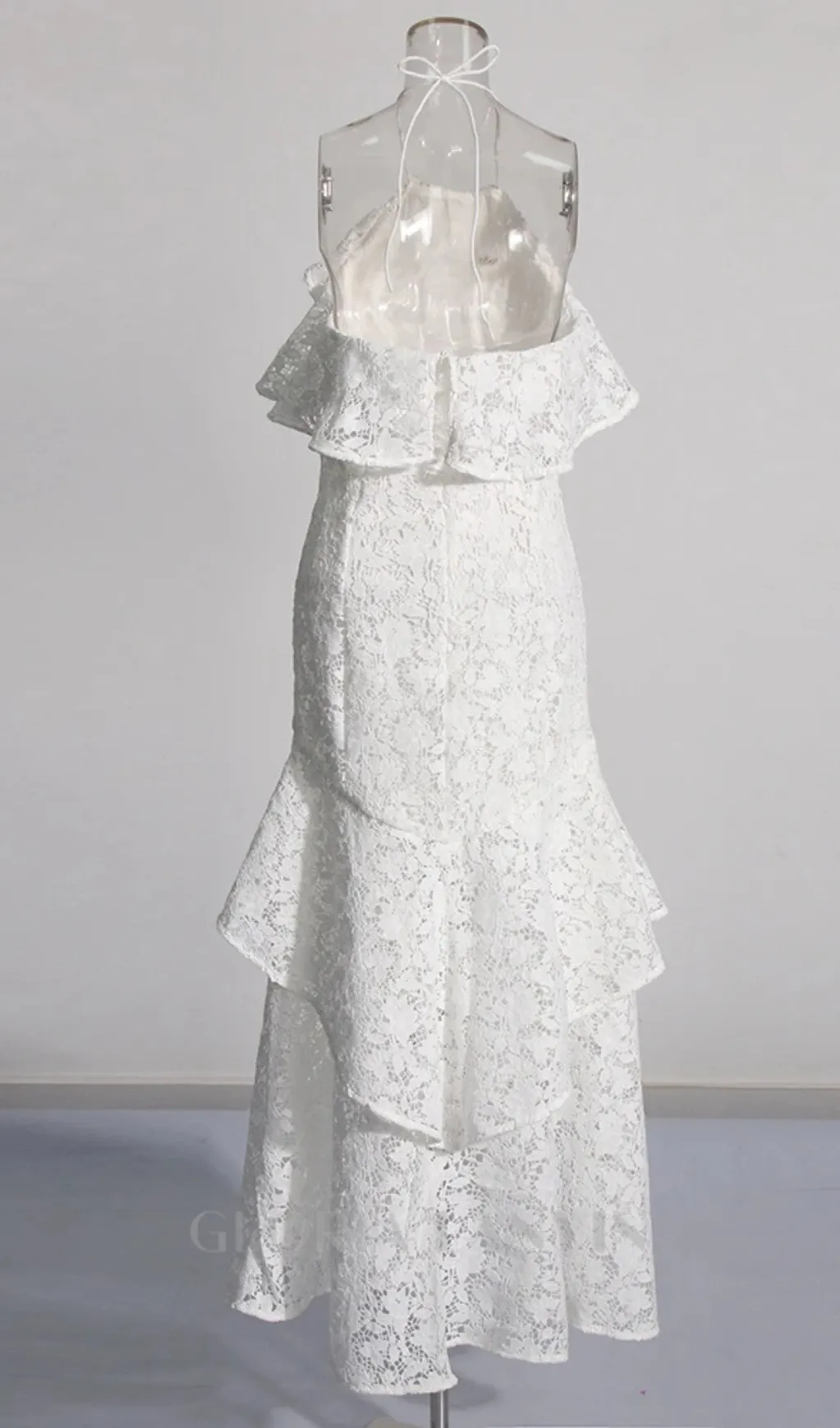 LYNN GARDENIA GUIPURE LACE RUFFLE GOWN IN WHITE Gloria Lanvin