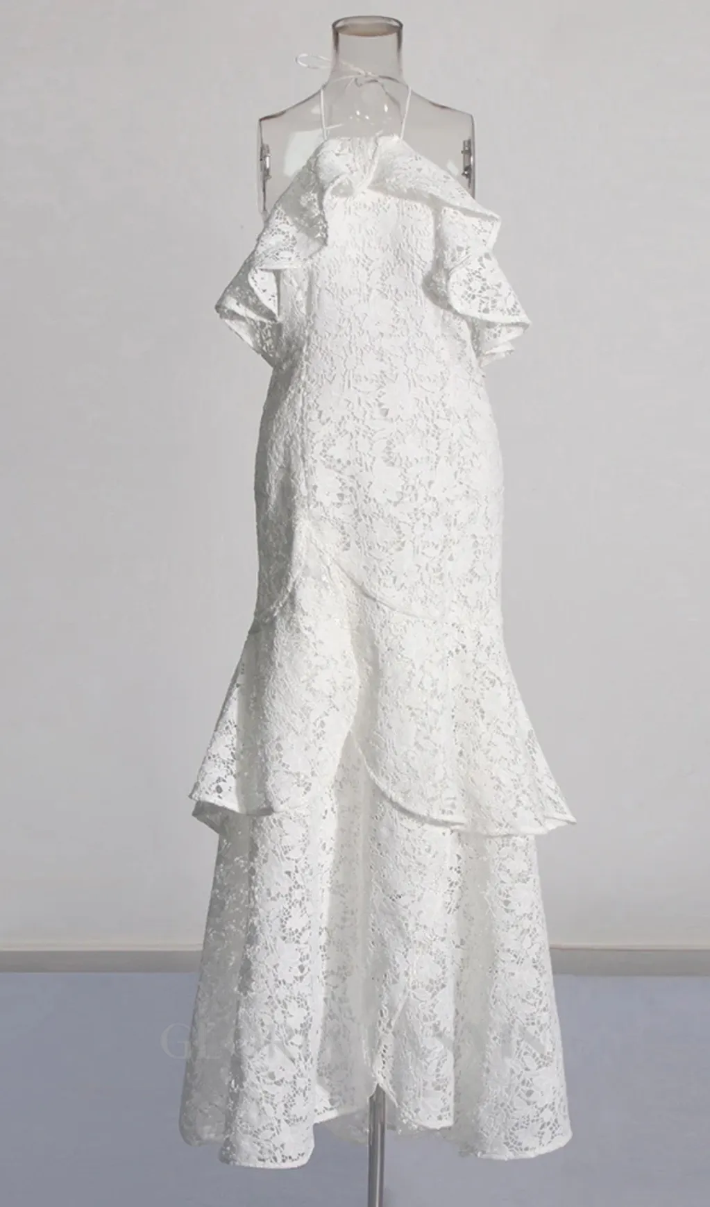 LYNN GARDENIA GUIPURE LACE RUFFLE GOWN IN WHITE Gloria Lanvin