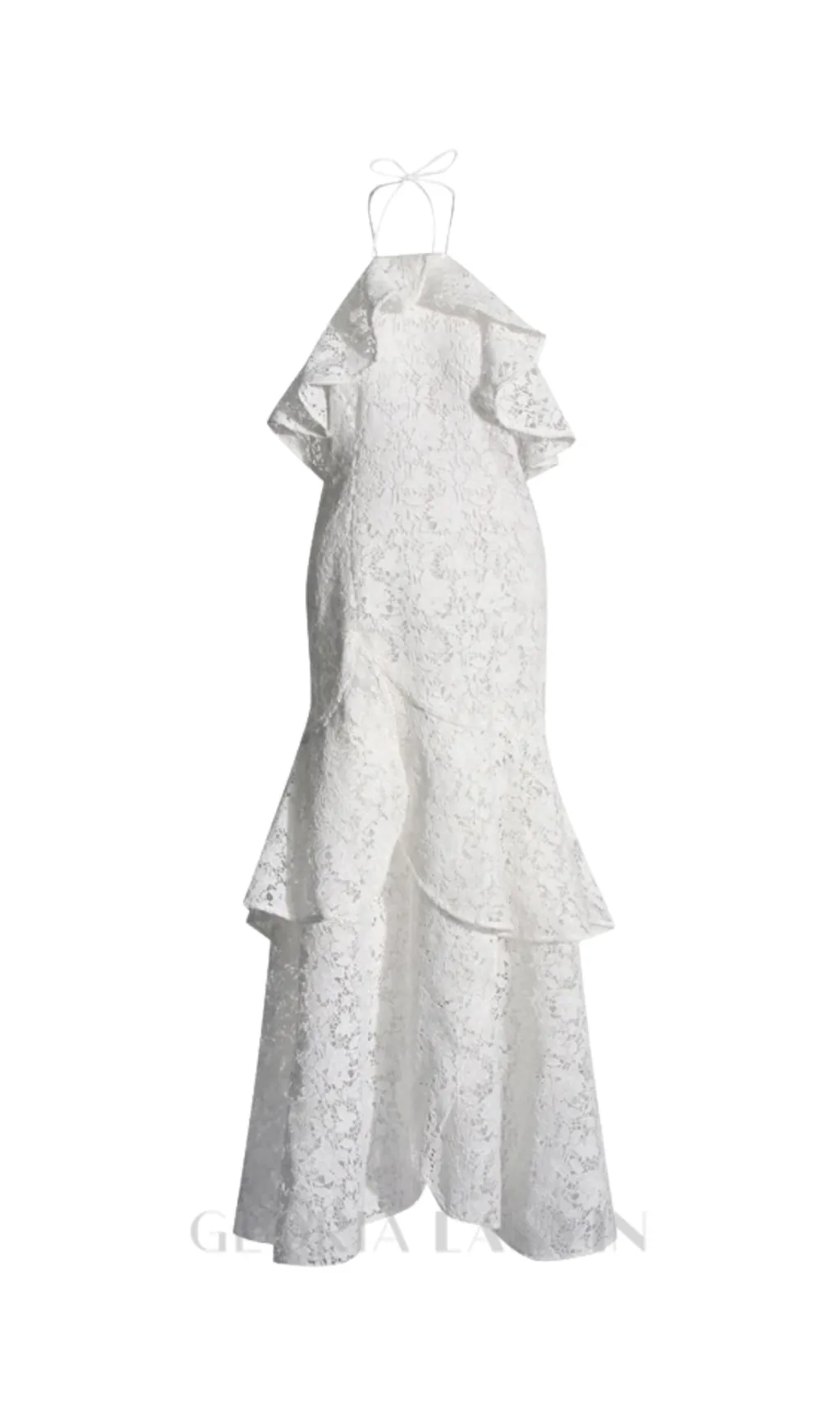 LYNN GARDENIA GUIPURE LACE RUFFLE GOWN IN WHITE Gloria Lanvin