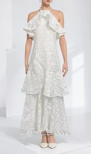 LYNN GARDENIA GUIPURE LACE RUFFLE GOWN IN WHITE Gloria Lanvin