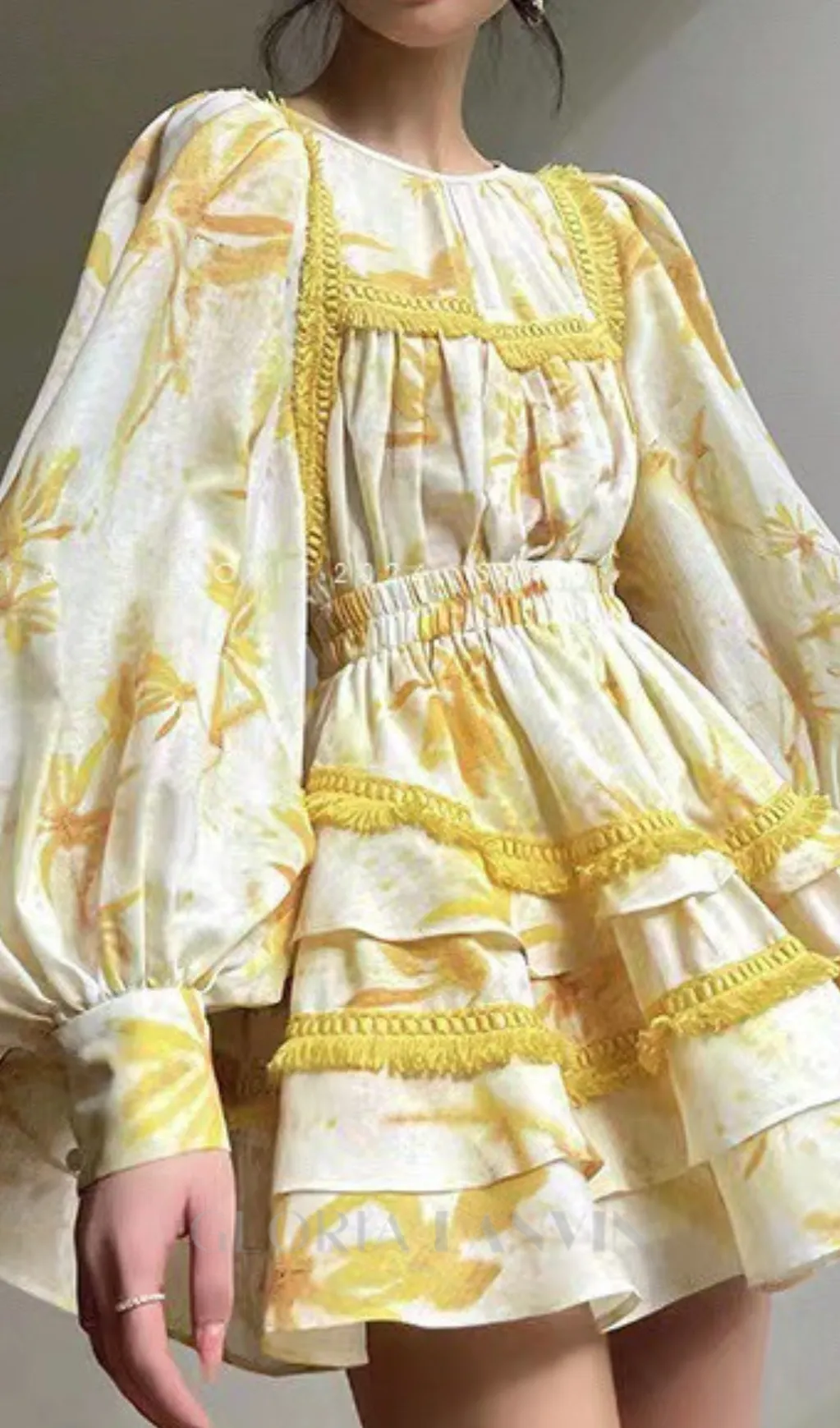 MABEL LAYER TRIM PRINT LANTERN SLEEVE MINI DRESS IN YELLOW Gloria Lanvin