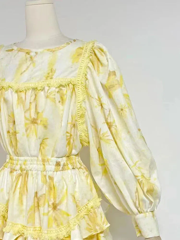 MABEL LAYER TRIM PRINT LANTERN SLEEVE MINI DRESS IN YELLOW Gloria Lanvin