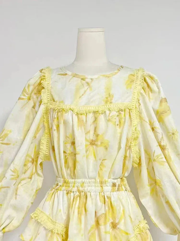 MABEL LAYER TRIM PRINT LANTERN SLEEVE MINI DRESS IN YELLOW Gloria Lanvin