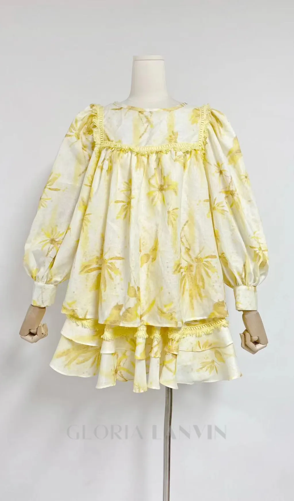 MABEL LAYER TRIM PRINT LANTERN SLEEVE MINI DRESS IN YELLOW Gloria Lanvin