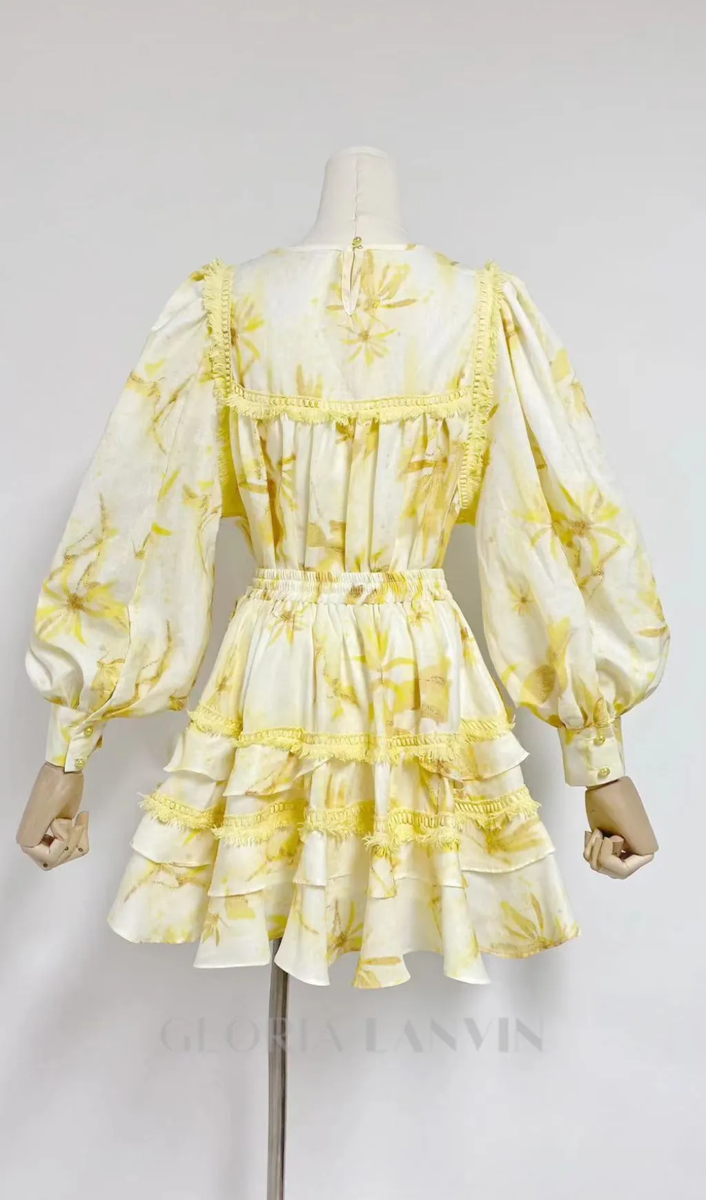 MABEL LAYER TRIM PRINT LANTERN SLEEVE MINI DRESS IN YELLOW Gloria Lanvin