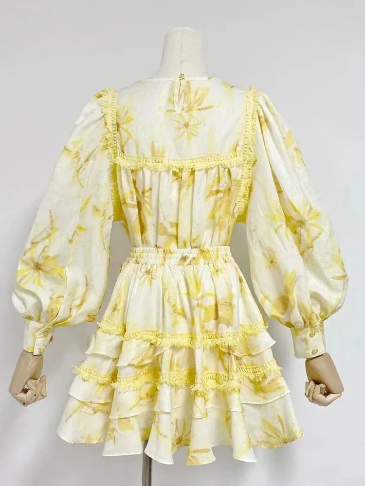 MABEL LAYER TRIM PRINT LANTERN SLEEVE MINI DRESS IN YELLOW Gloria Lanvin