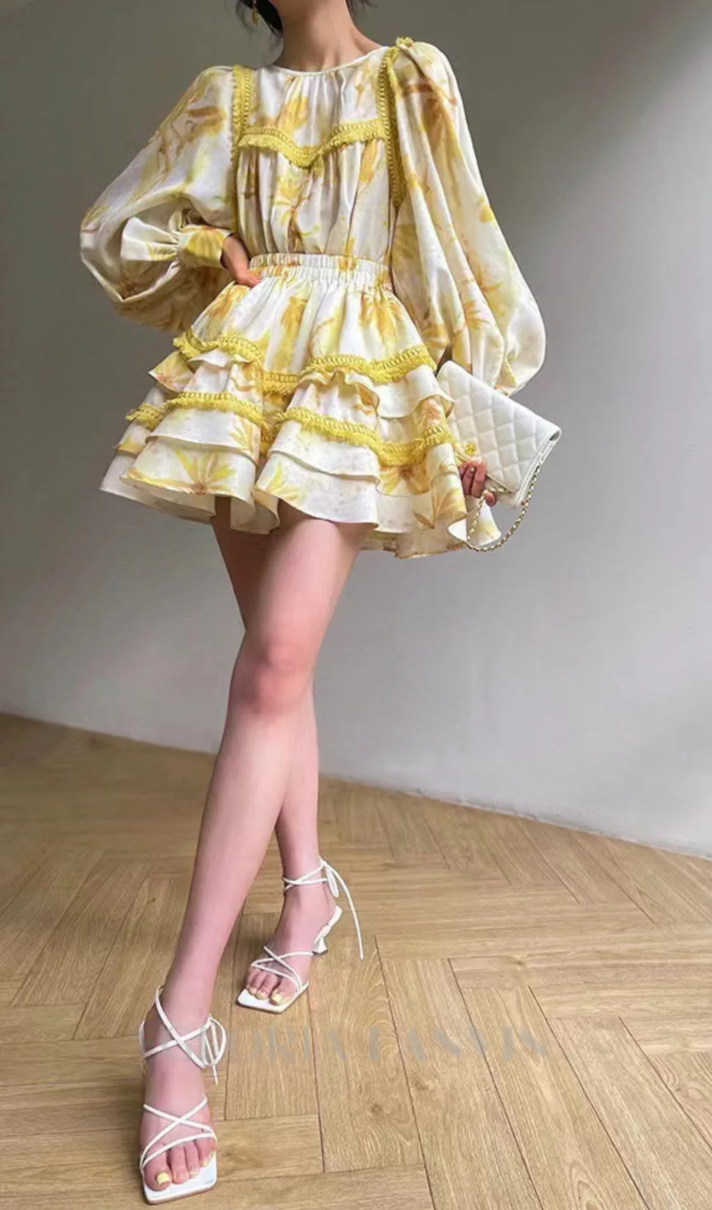 MABEL LAYER TRIM PRINT LANTERN SLEEVE MINI DRESS IN YELLOW Gloria Lanvin