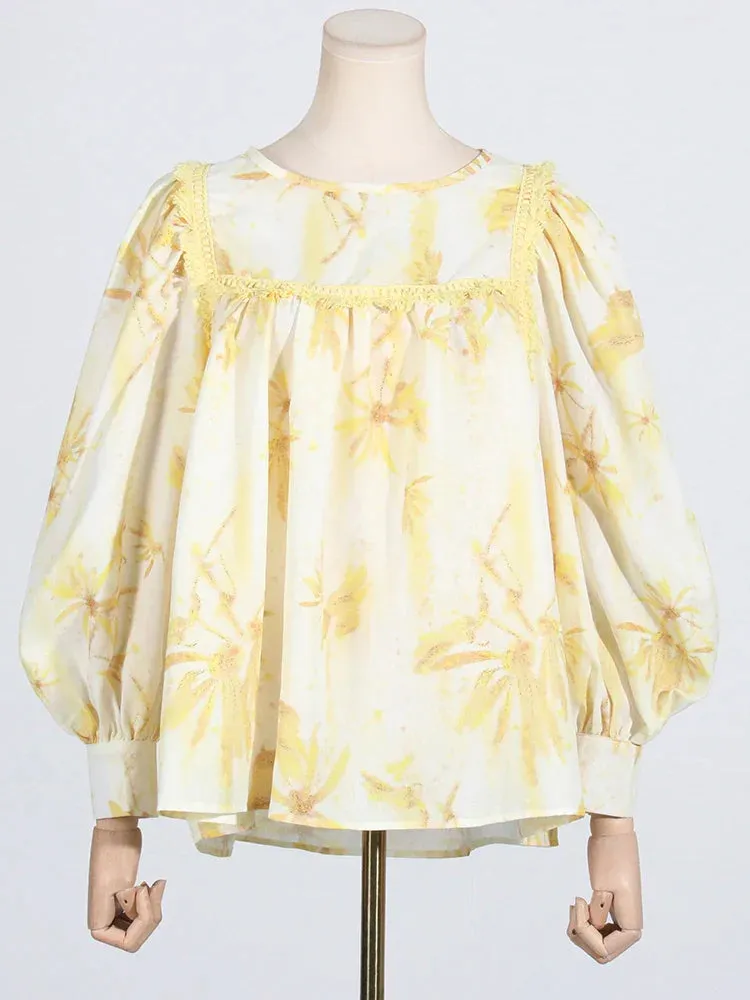 MABEL LAYER TRIM PRINT LANTERN SLEEVE MINI DRESS IN YELLOW Gloria Lanvin
