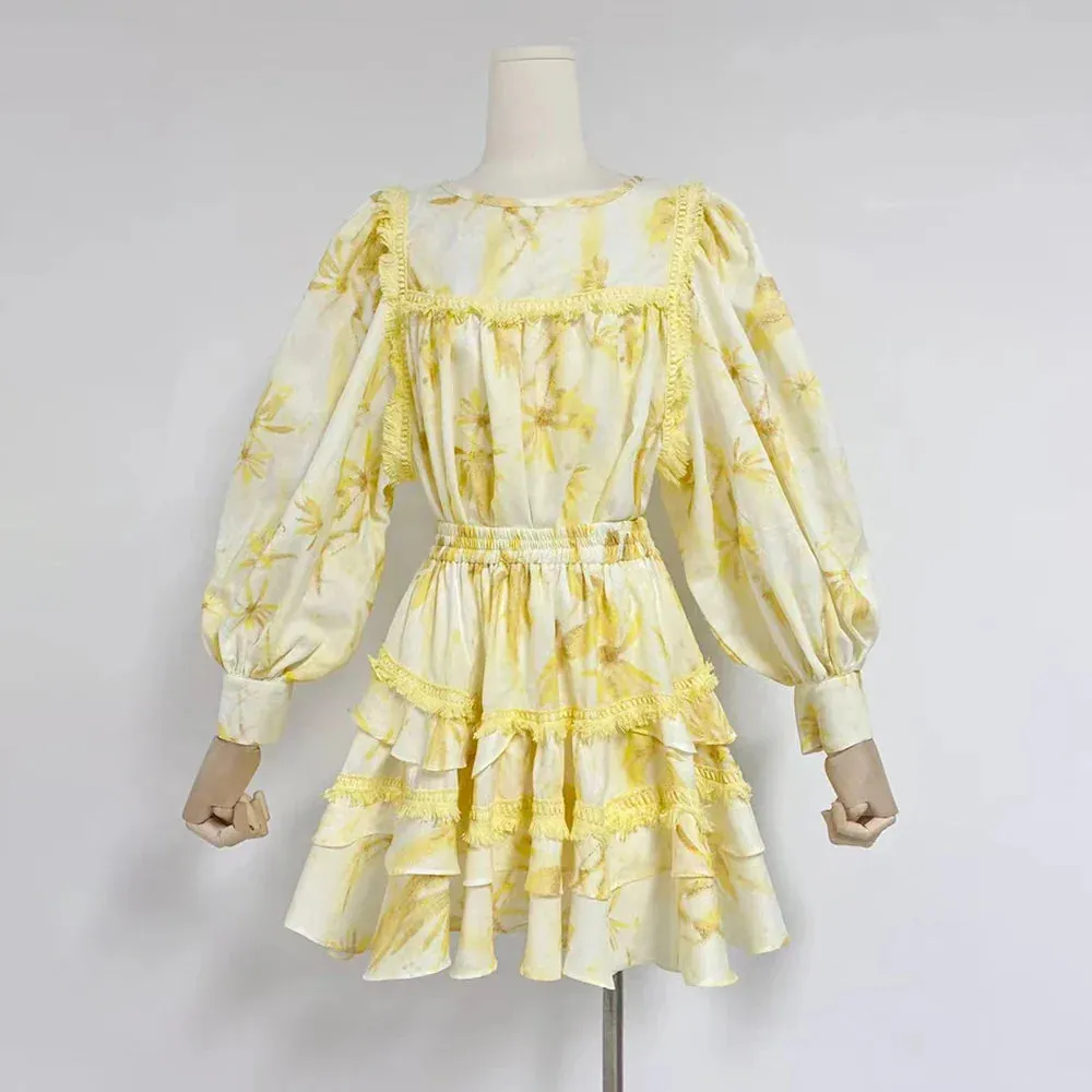 MABEL LAYER TRIM PRINT LANTERN SLEEVE MINI DRESS IN YELLOW Gloria Lanvin