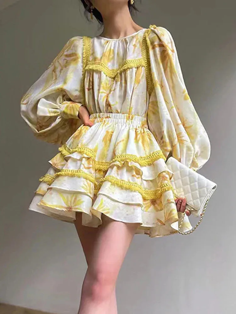 MABEL LAYER TRIM PRINT LANTERN SLEEVE MINI DRESS IN YELLOW Gloria Lanvin