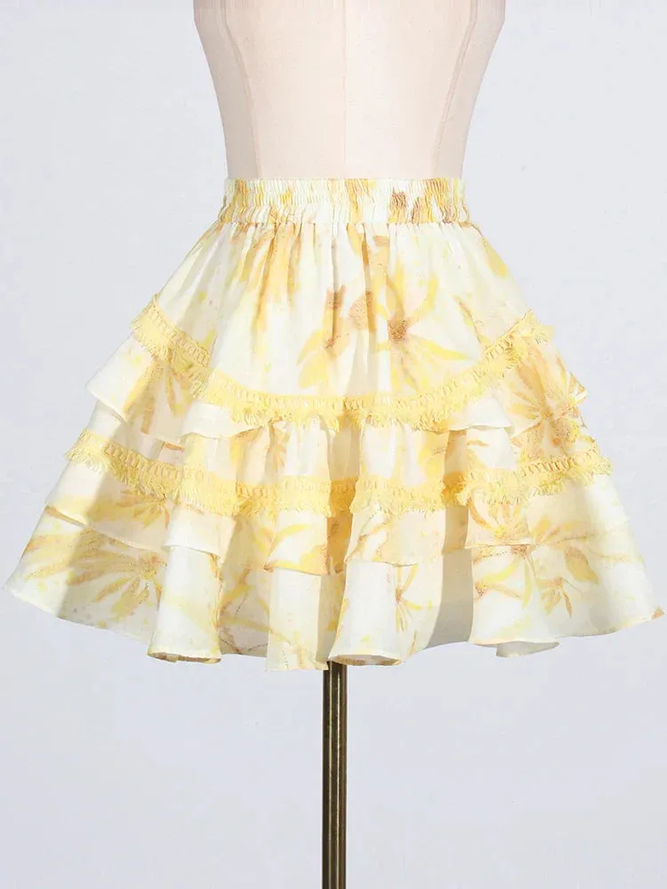 MABEL LAYER TRIM PRINT LANTERN SLEEVE MINI DRESS IN YELLOW Gloria Lanvin
