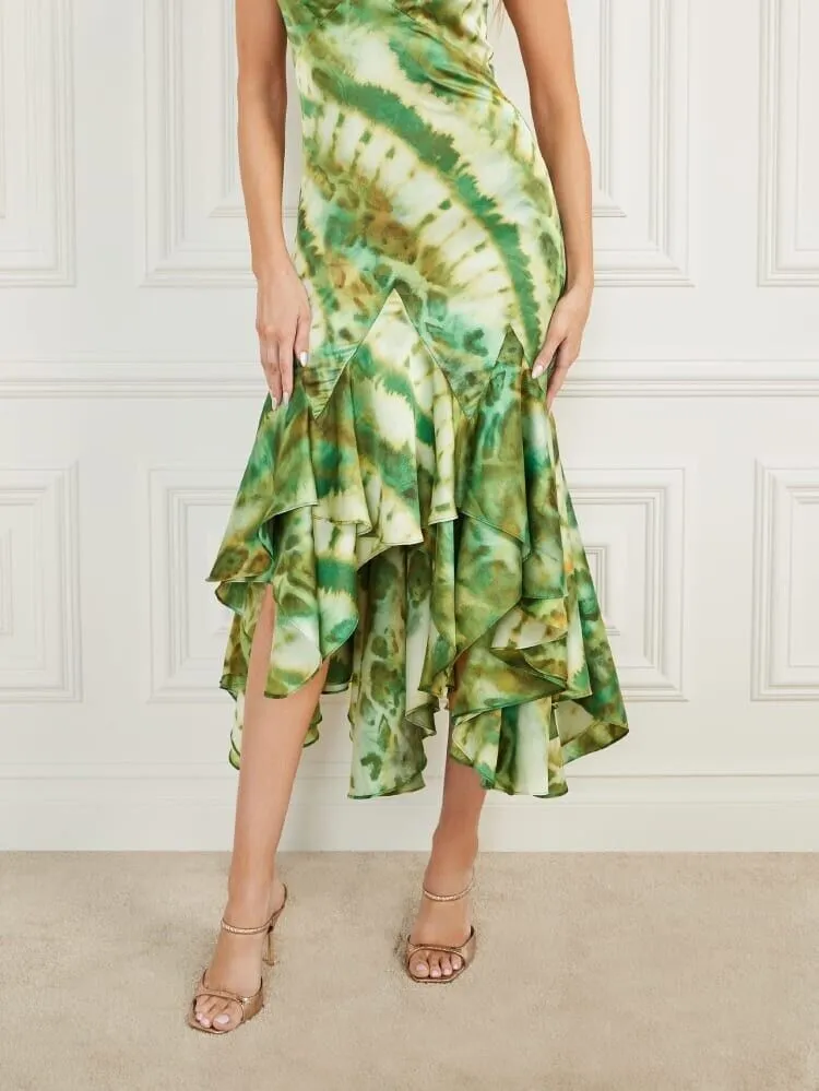marciano waterfall printed satin midi dress in green Gloria Lanvin