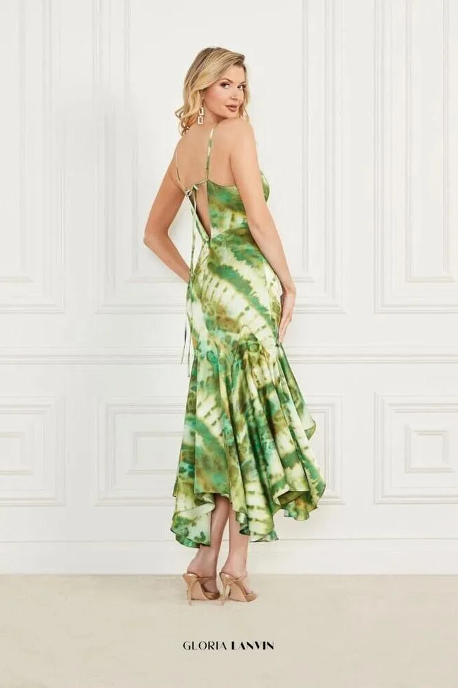 marciano waterfall printed satin midi dress in green Gloria Lanvin