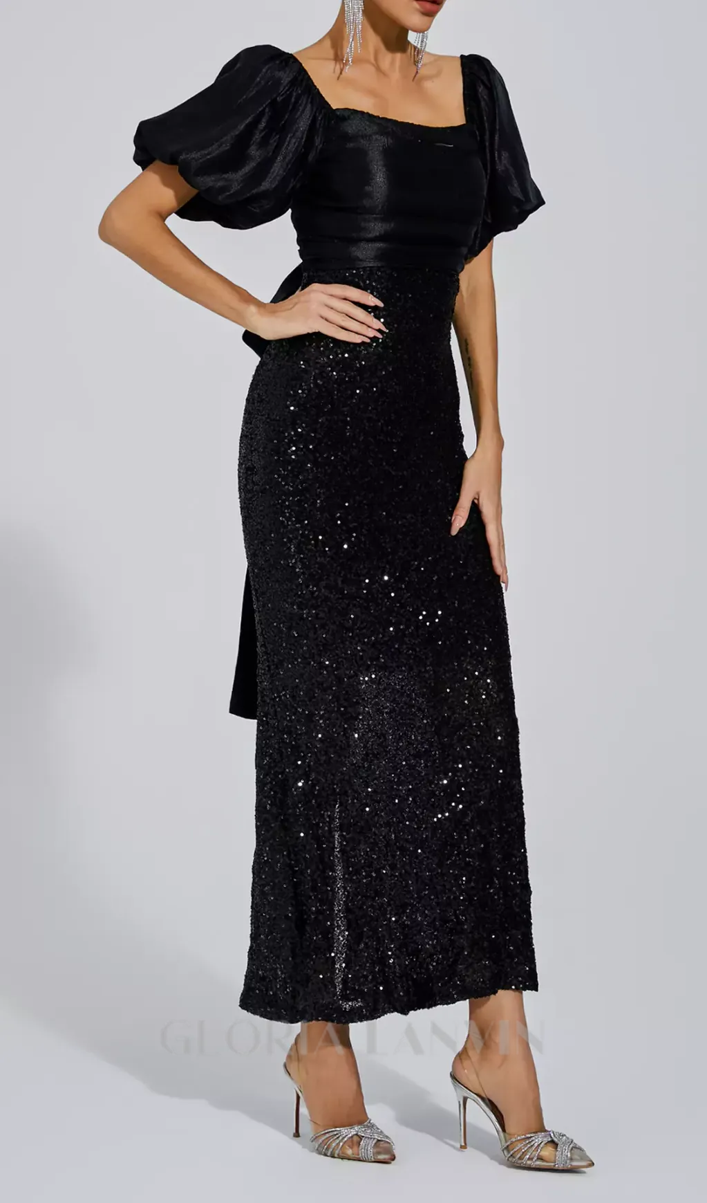 MARIA BLACK BOW SEQUINS EMBELLISHED MAXI DRESS Gloria Lanvin