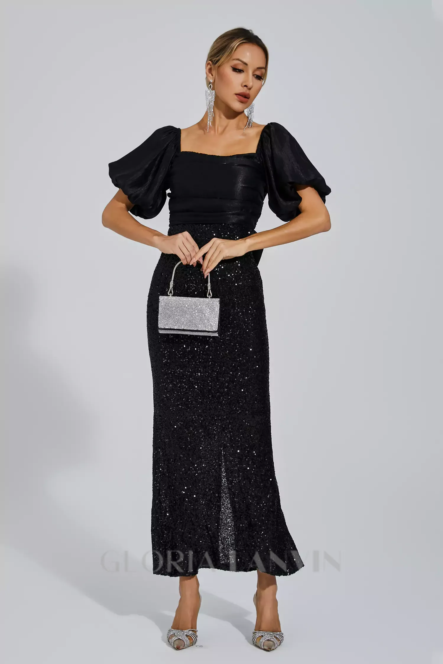 MARIA BLACK BOW SEQUINS EMBELLISHED MAXI DRESS Gloria Lanvin