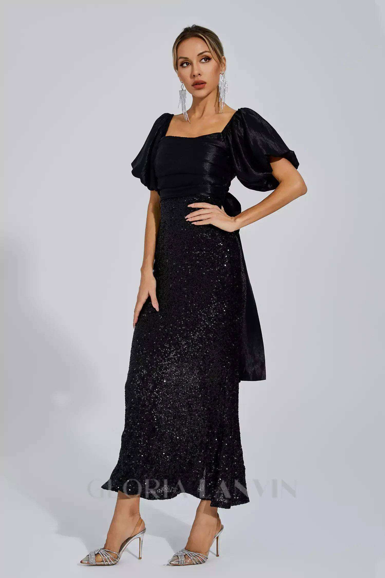 MARIA BLACK BOW SEQUINS EMBELLISHED MAXI DRESS Gloria Lanvin
