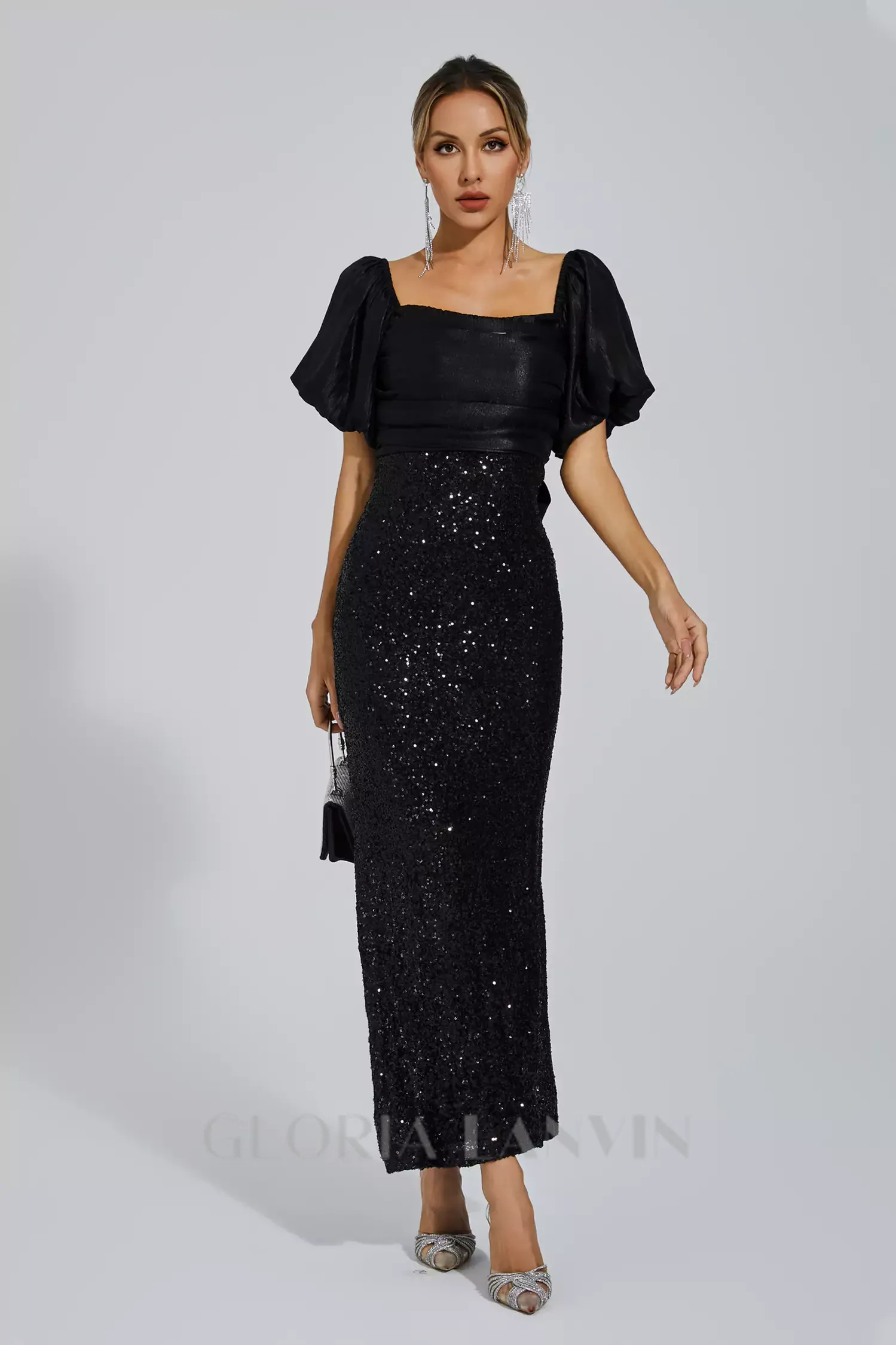 MARIA BLACK BOW SEQUINS EMBELLISHED MAXI DRESS Gloria Lanvin