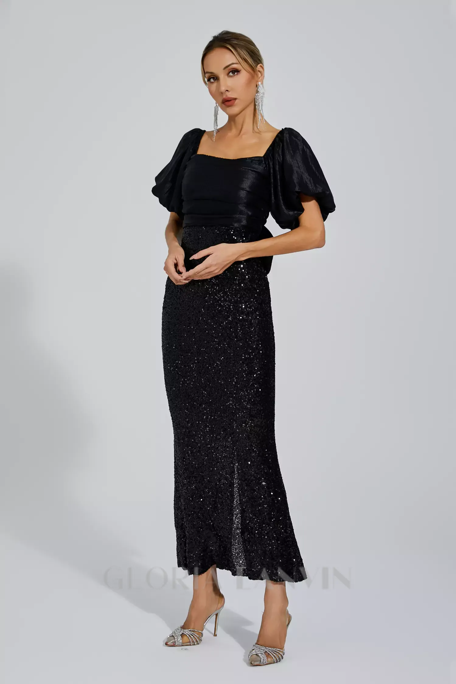 MARIA BLACK BOW SEQUINS EMBELLISHED MAXI DRESS Gloria Lanvin