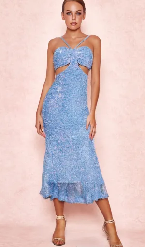 MARIAN BLUE CUTOUT SEQUINS HALTER MAXI DRESS Gloria Lanvin