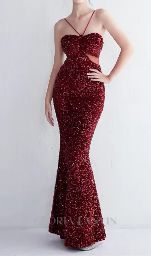 MARIAN BURGUNDY CUTOUT SEQUINS HALTER MAXI DRESS Gloria Lanvin